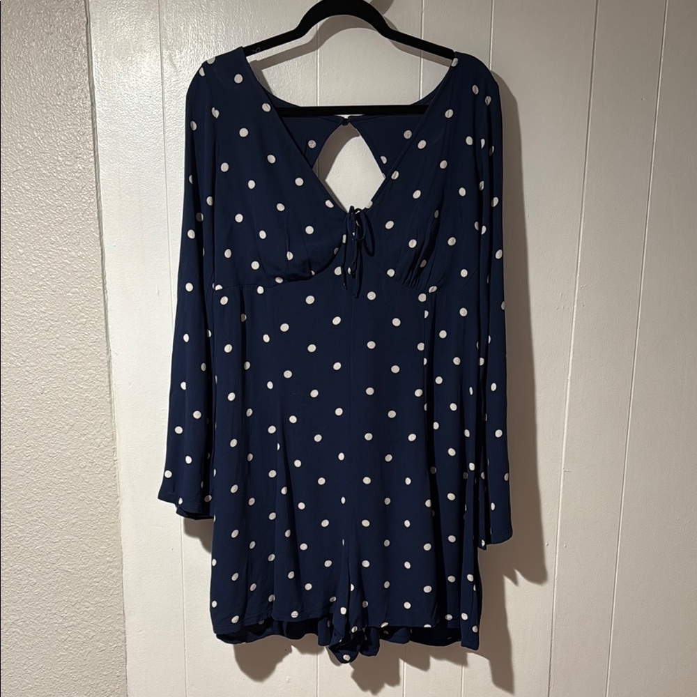 AE Long Sleeve Navy Polka Dot Romper with V Neckline